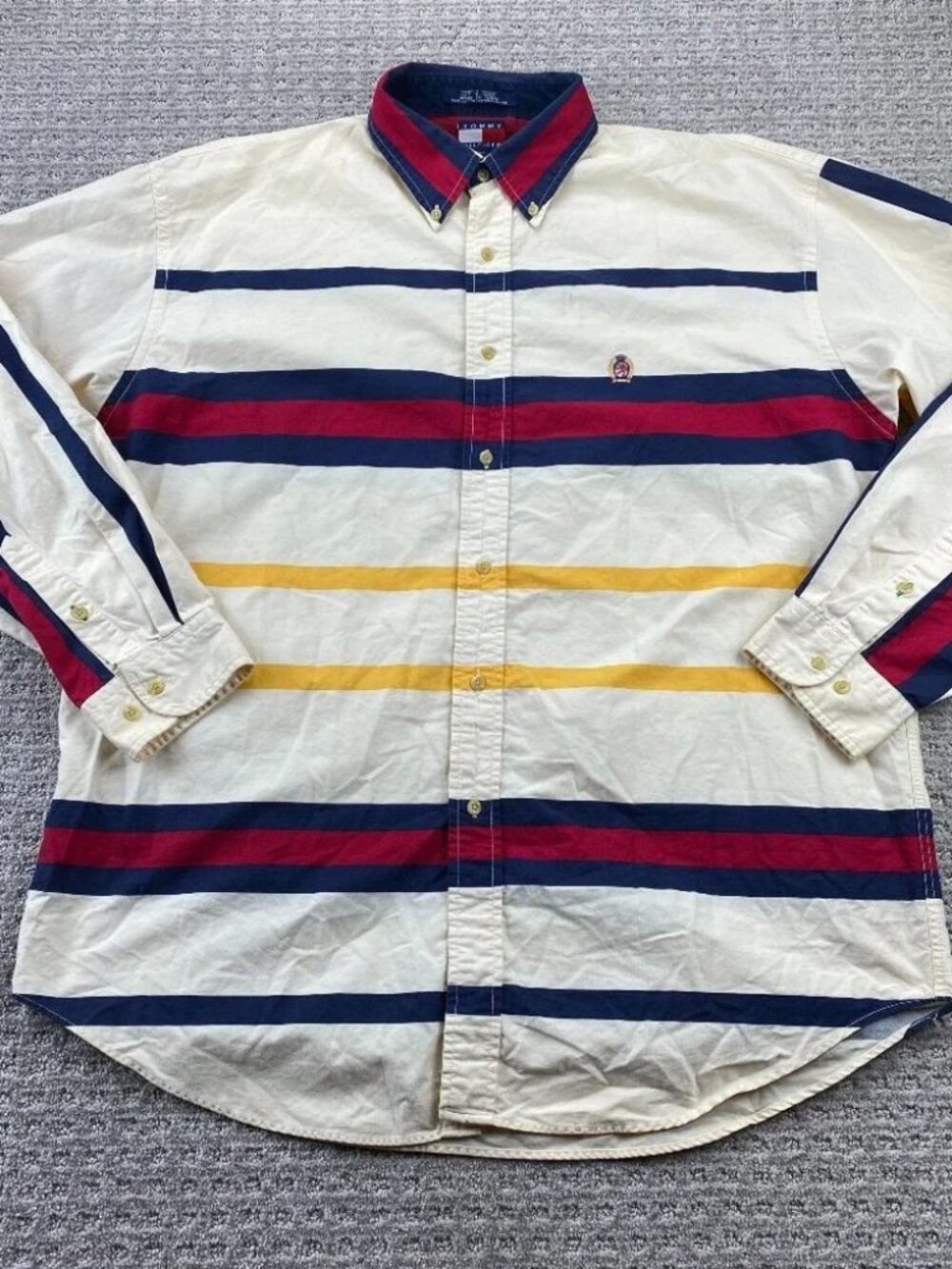 Vintage 90s Tommy Hilfiger Shirt Color Block Men XL Beige Blue Red Yellow